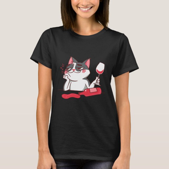 Wine Cat Wine Glass Wine Bottle T-Shirt (Front)