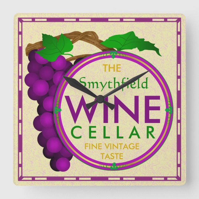 Wine Cellar Grapes Personalized Create Your Own Square Wall Clock (Front)