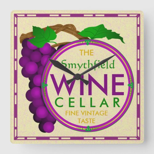 Wine Cellar Grapes Personalized Create Your Own Square Wall Clock