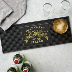 Wine Cellar Personalized Name Gold Grapes Leaves Bar Mat