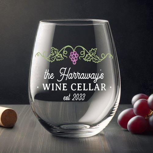 Wine Cellar Purple Grapes Custom Name Date White Stemless Wine Glass