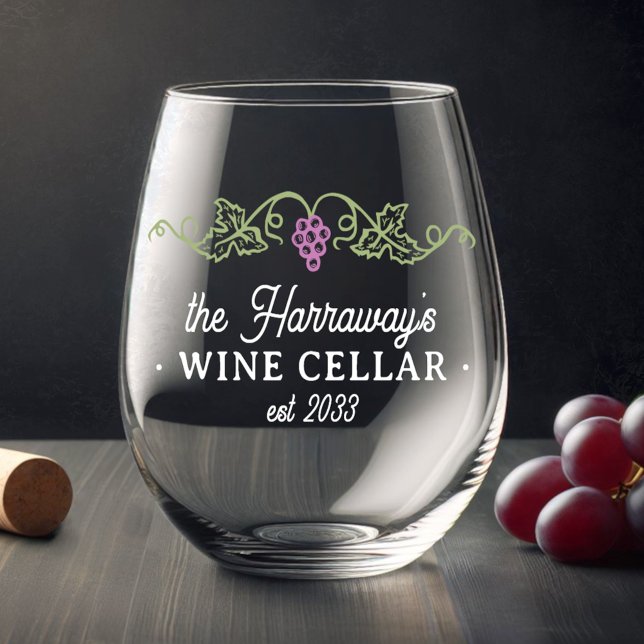 Wine Cellar Purple Grapes Custom Name Date White Stemless Wine Glass (Creator Uploaded)