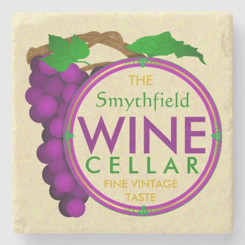 Wine Cellar Purple Grapes Personalized Family Name Stone Coaster