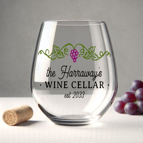 Wine Cellar Purple Grapes Personalized Name Date Stemless Wine Glass