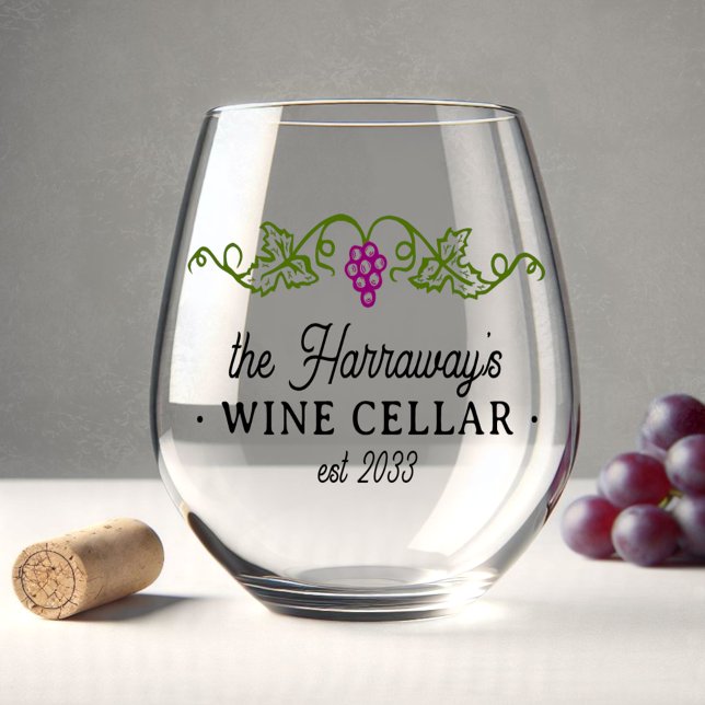 Wine Cellar Purple Grapes Personalized Name Date Stemless Wine Glass (Creator Uploaded)