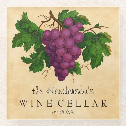 Wine Cellar Vintage Grapes Add Personalized Name Glass Coaster