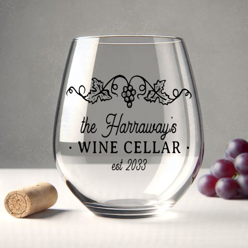 Wine Cellar with Grapes Personalized Name and Date Stemless Wine Glass