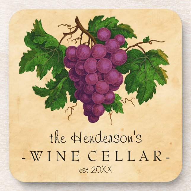 Wine Cellar with Grapes Vintage Personalized Name Coaster (Front)