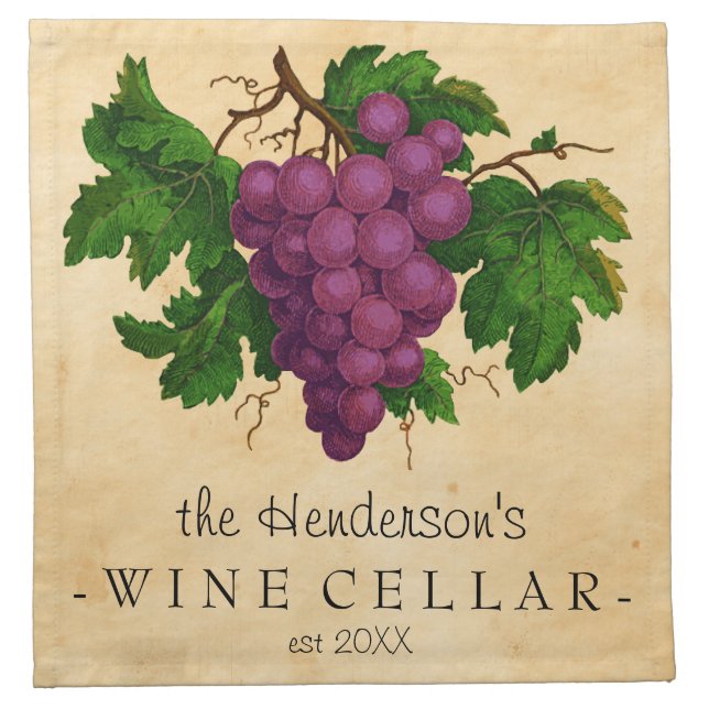 Wine Cellar with Grapes Vintage Personalized Name Napkin (Front)