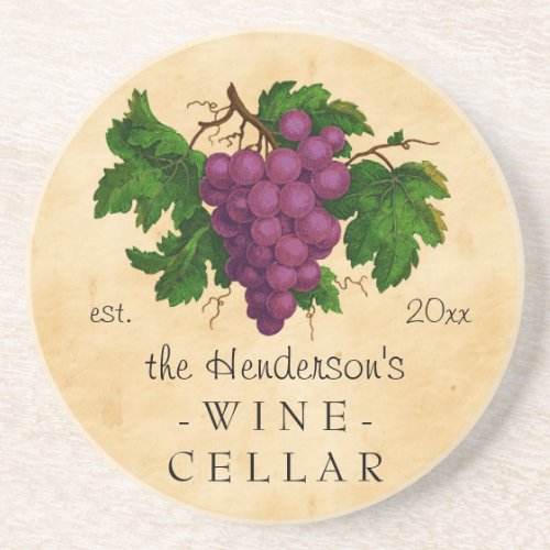 Wine Cellar with Grapes Vintage Personalized Name Sandstone Coaster