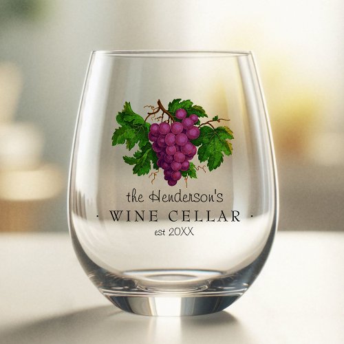 Wine Cellar with Grapes Vintage Personalized Name Stemless Wine Glass