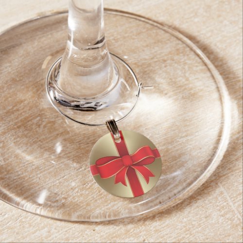 Wine Charm _ Red Bow  Ribbon on Gold