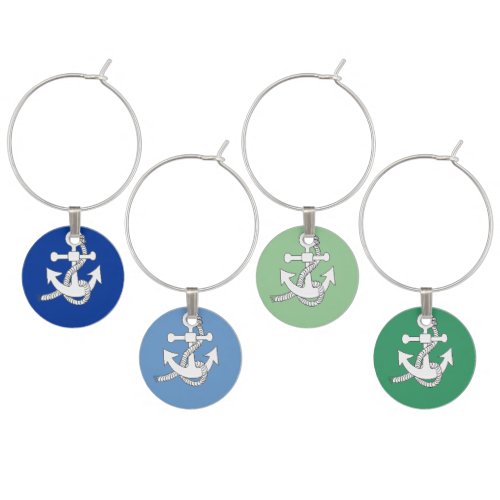 Wine Charm Set _ White Anchor on Blues and Greens