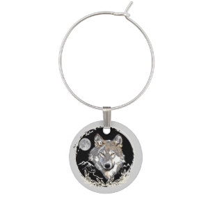 Wine Charm Wolf with Moon & Mountain Background