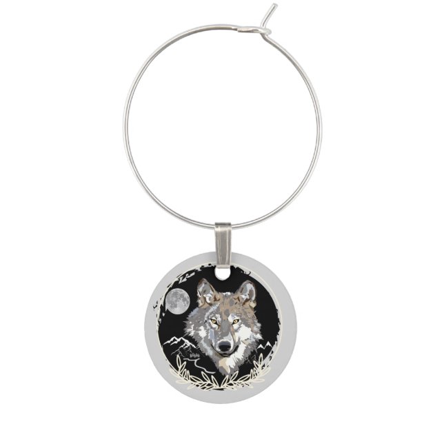 Wine Charm Wolf with Moon & Mountain Background  (Front)
