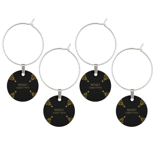 Wine Charms Chic Black Gold Merry Christmas Trees (Staggered)
