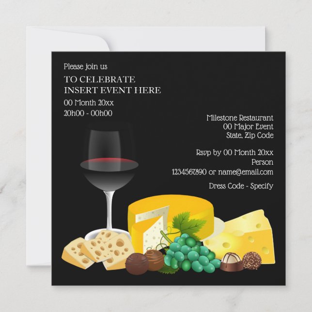 Wine cheese cocktail chocolate party dining invitation (Front)