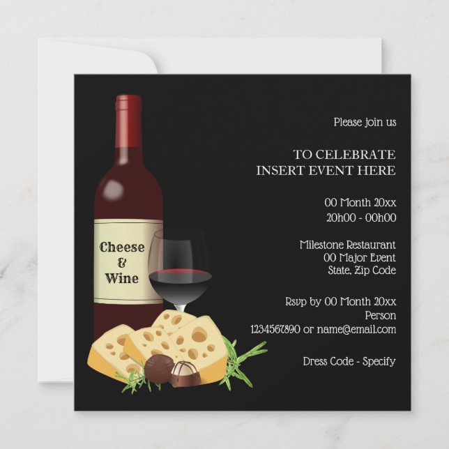 Wine cheese cocktail party dining formal black invitation (Front)