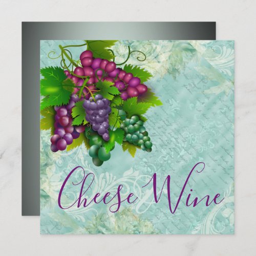 Wine cheese grape vintage script bridal shower invitation