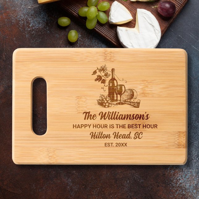 Wine & Cheese Happy Hour Personalized Custom Text Engraved Cutting Board (Creator Uploaded)