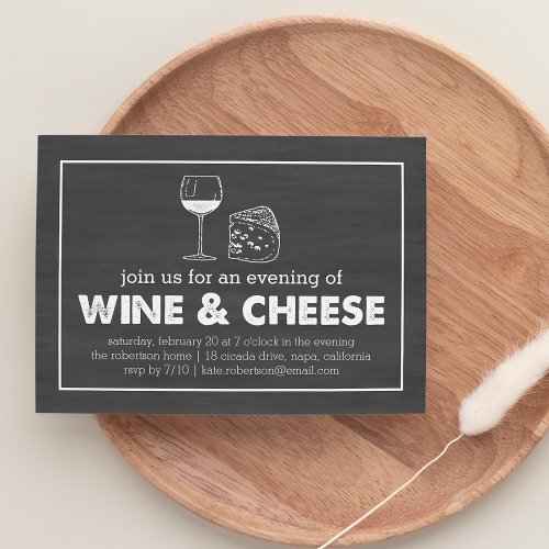 Wine  Cheese Party Black  White Chalkboard Invitation