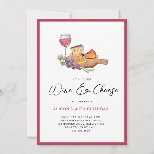 Wine  Cheese watercolor Birthday Party Invitation