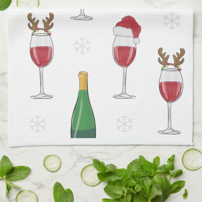 Wine Christmas Santa Reindeer Snowflakes Holiday  Kitchen Towel (Folded)