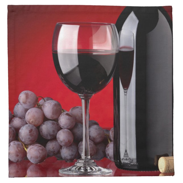 Wine Cloth Napkin (A still life photograph features a wine glass filled with red wine, a bottle of wine, and grapes.)