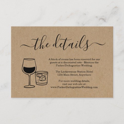 Wine & Cocktail Information Details Enclosure Card - The wine glass and cocktail artwork is hand-drawn on a wonderfully rustic kraft background.

Coordinating Invitation as well as RSVP, Registry, Thank You cards and other items are available in the 'Rustic Brewery on Kraft Background' Collection within my store.