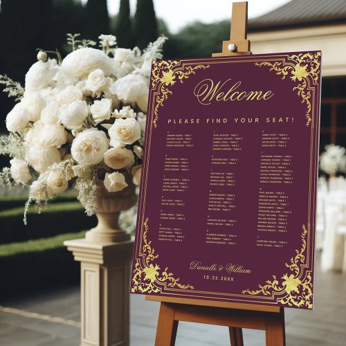 Wine Color Faux Gold Alphabetical Seating Chart Foam Board