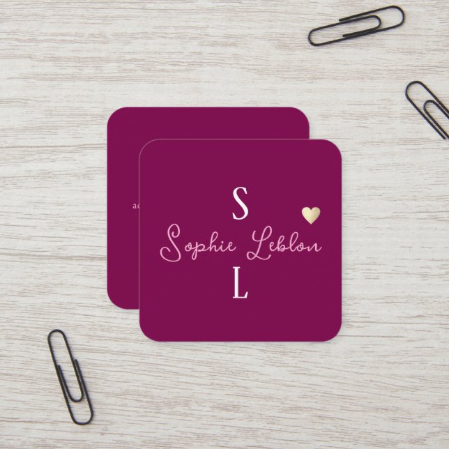 Wine Color Girly Calligraphy Romantic Monogram Square Business Card (Front/Back In Situ)