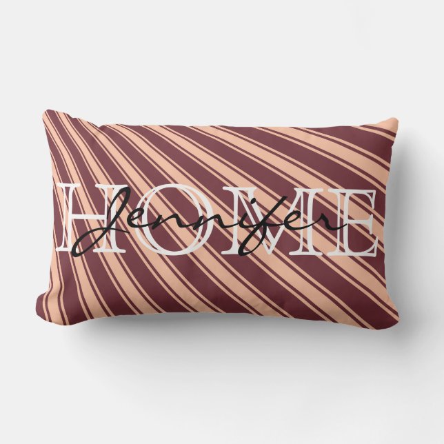 Wine Color Stripe Pattern Home Monogram Lumbar Pillow (Front)