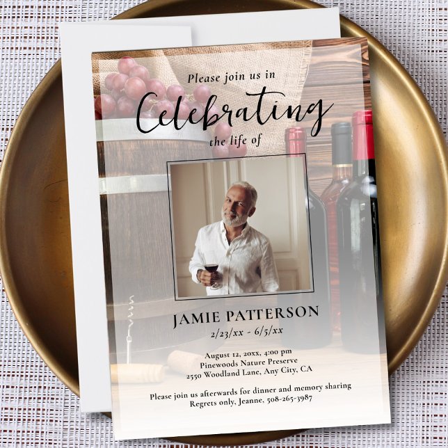 Wine Connoisseur Celebration of Life Photo Funeral Invitation (Creator Uploaded)