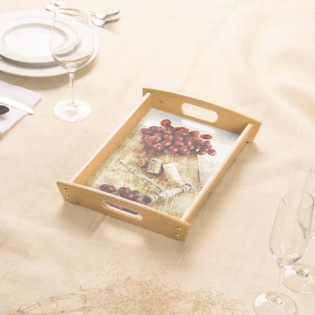 Wine Corks, Corkscrew And Grapes Serving Tray