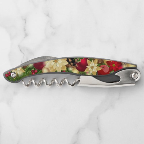 Wine Corkscrew w Knife Poinsettia Christmas Gift