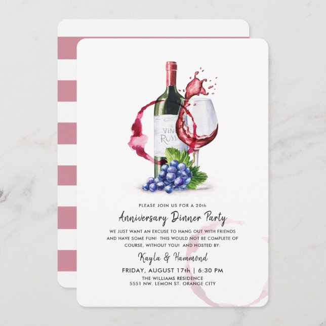 Wine & Dinner Occassion Anniversary Red Stripes Invitation (Front/Back)