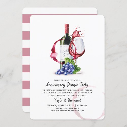 Wine  Dinner Occassion Anniversary Red Stripes Invitation