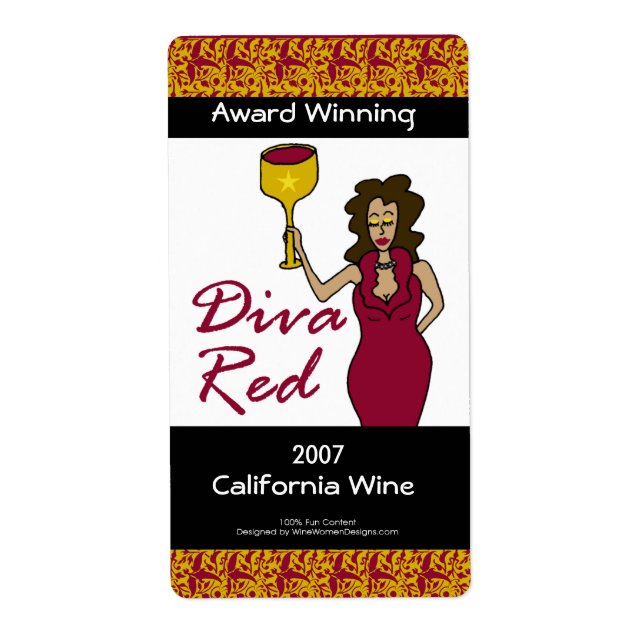 Wine Diva "Diva Red" Custom Faux Wine Labels (Front)