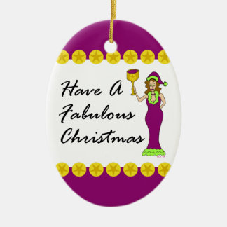 Wine Diva Fabulous Christmas Gold Stars Oval Ceramic Ornament