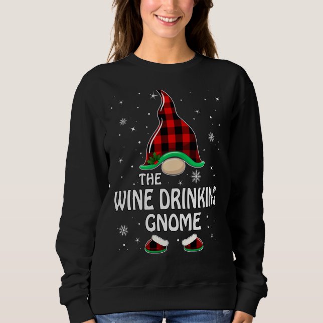 Wine Drinking Gnome Buffalo Plaid Matching Family  Sweatshirt (Front)