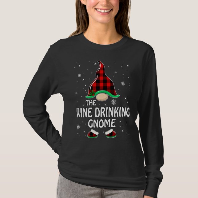 Wine Drinking Gnome Buffalo Plaid Matching Family  T-Shirt (Front)