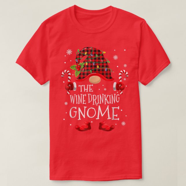 Wine Drinking Gnome Buffalo Plaid Matching Family  T-Shirt (Design Front)