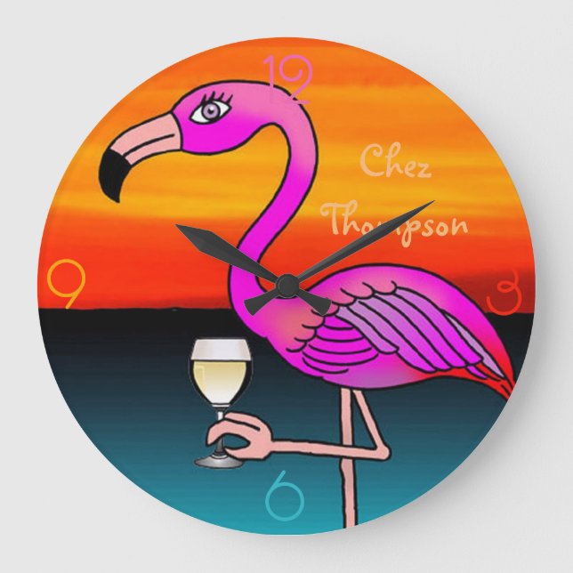 Wine drinking pink Flamingo personalized Large Clock (Front)