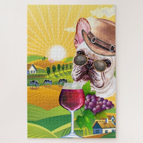 Wine farm French bulldog wearing clothes Jigsaw Puzzle