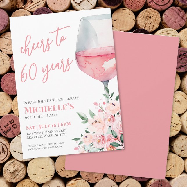 Wine Floral Cheers To 60 Years Birthday Party Invitation (Wine Floral Cheers To 60 Years Birthday Party Invitation)