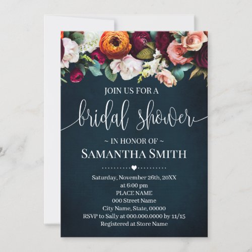Wine Flowers Bridal Shower Navy Wedding Invitation