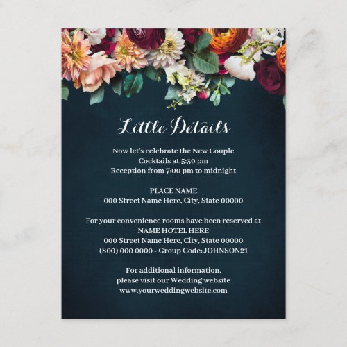 Wine Flowers Navy Wedding Details Insert Card