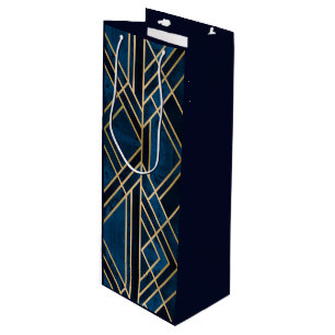 Wine Gift Bag - Art Deco Blue & Gold Mirrored