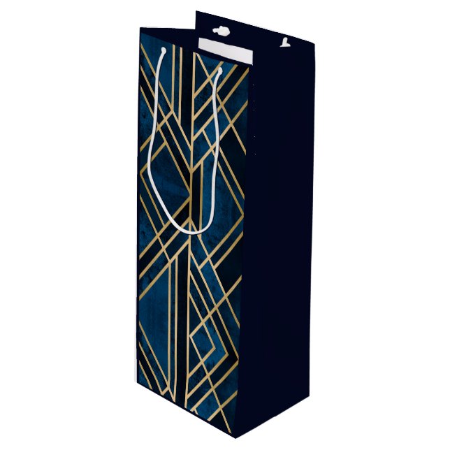 Wine Gift Bag - Art Deco Blue & Gold Mirrored (Front Angled)