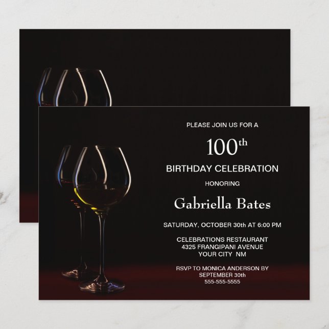 Wine Glass 100th Birthday Party Invitation (Front/Back)